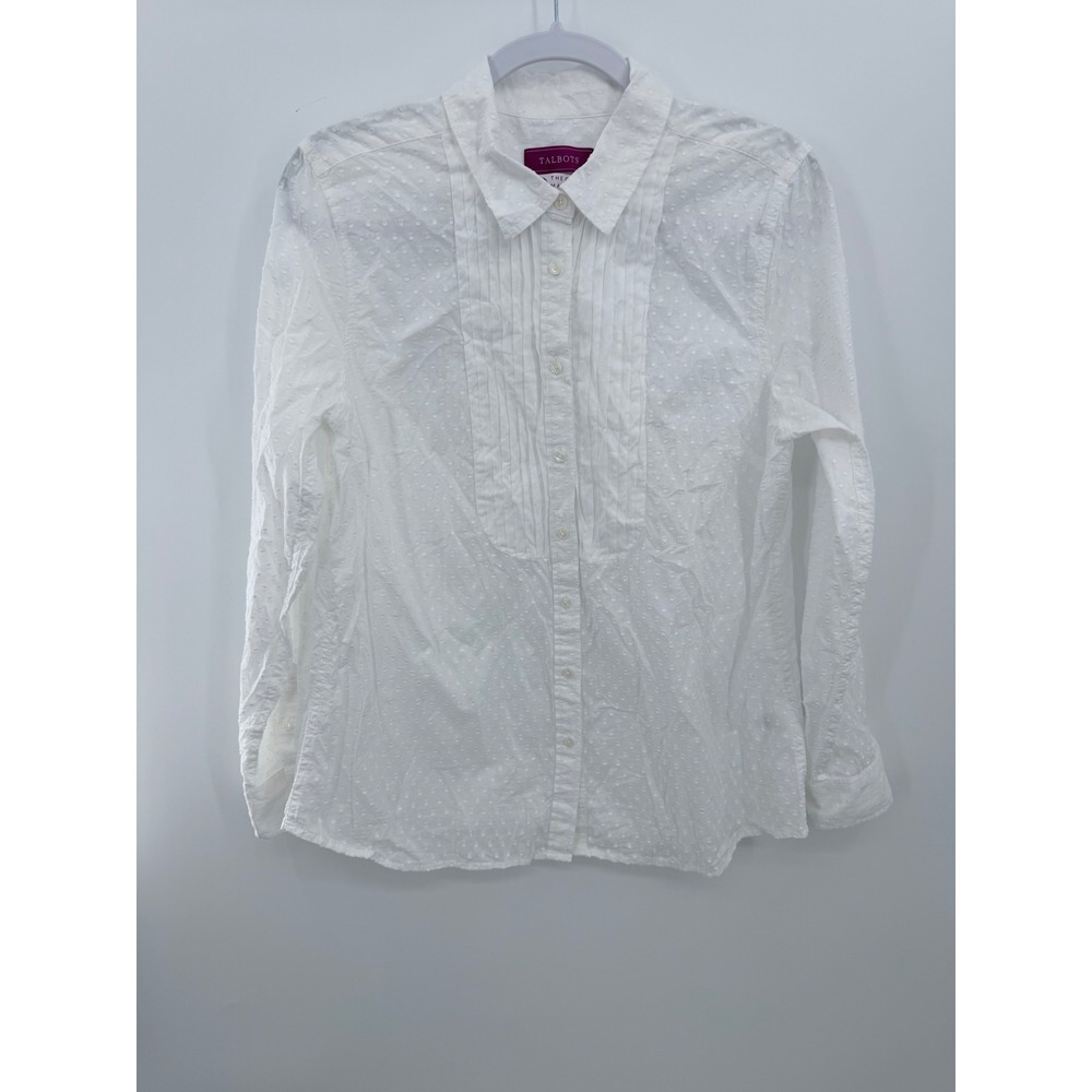 Talbots Button Down Shirt Women 14 White Swiss Dot Pintuck Oprah Collection
